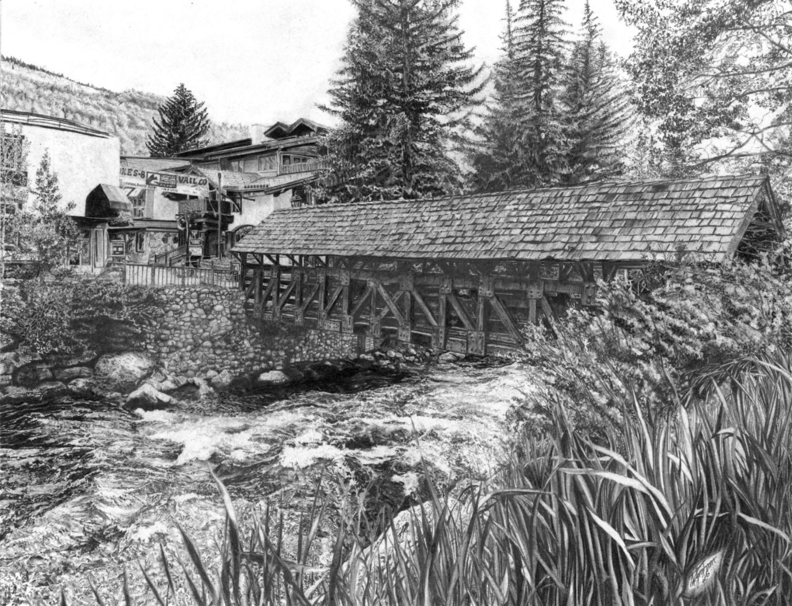 Away From Home — Relational Realism graphite landscape of the Vail covered bridge by Schoolbwoy Art