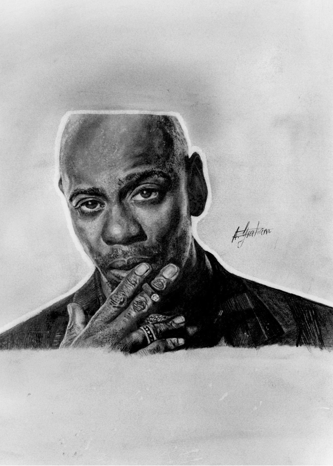 Dave Chappelle Out Loud — graphite portrait by Schoolbwoy Art, original displayed in a Beaver Creek gallery