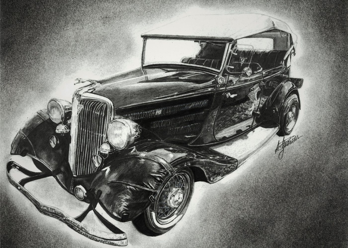 Vintage Classic Model Car — commissioned graphite drawing, original sold at art show